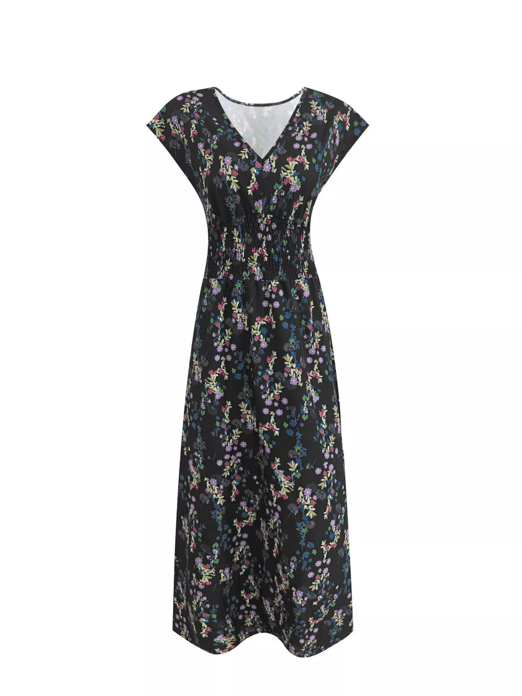 Printed V-Neck Cap Sleeve Maxi Dress