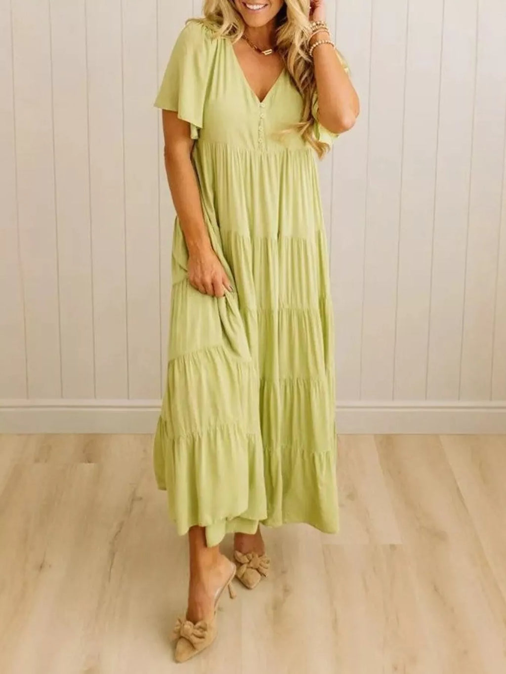 V-Neck Tiered Midi Dress