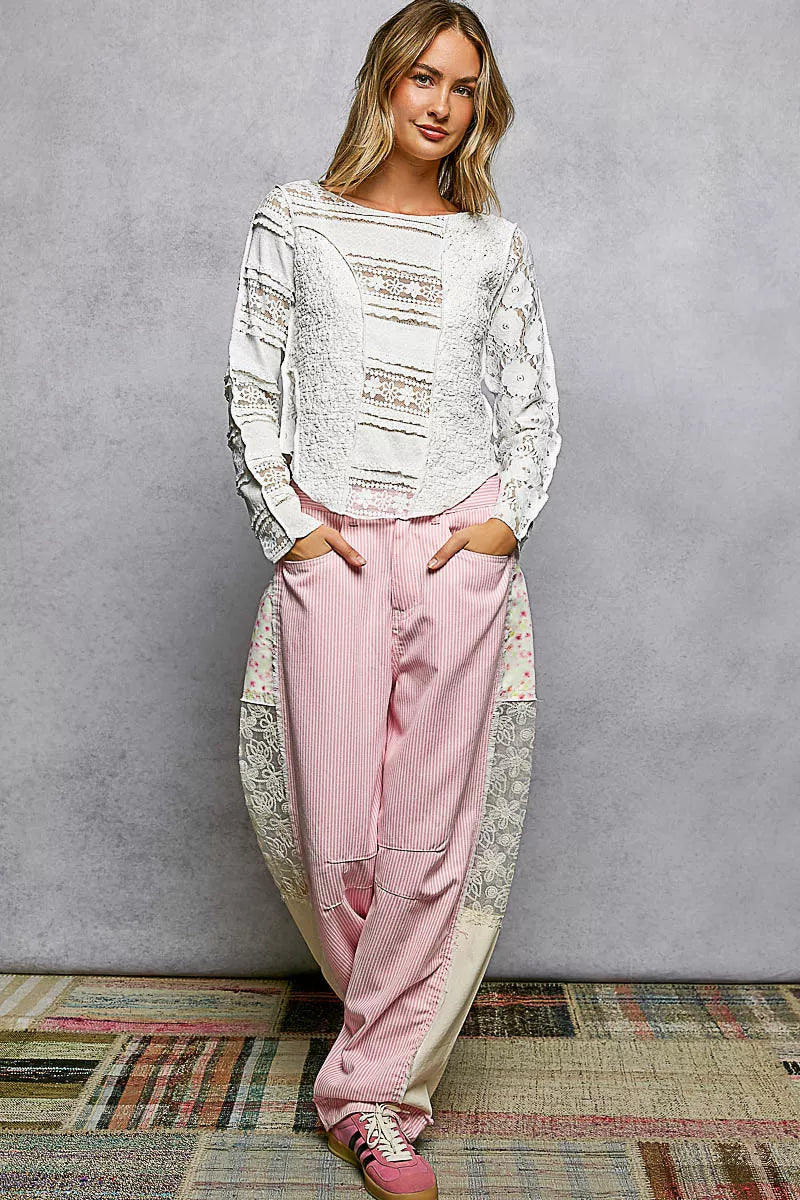 POL Round Neck Long Sleeve Exposed Seam Top with Lace Detail