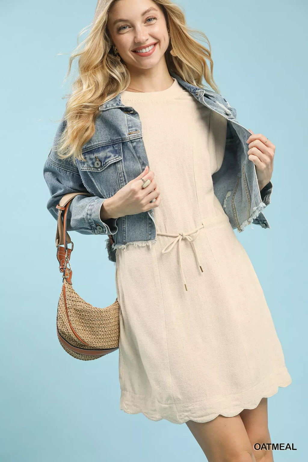 Umgee Linen Blend Scallop Hem Mini Dress
