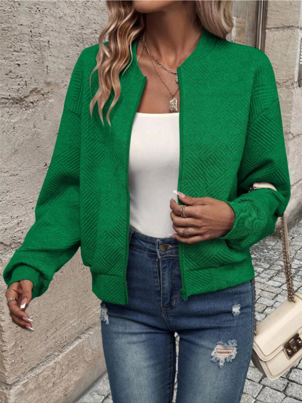 Textured Knit Zip-Up Bomber Jacket