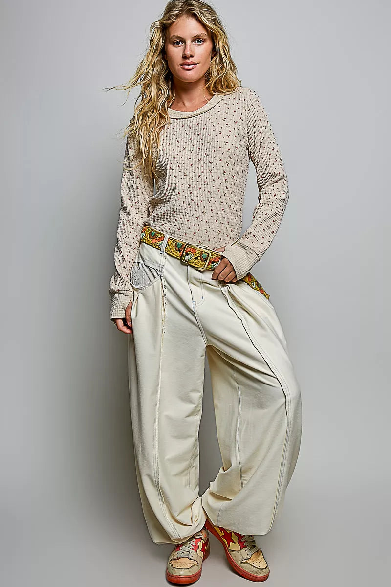 POL Ribbed Knit Floral Crew Neck Long Sleeve Top