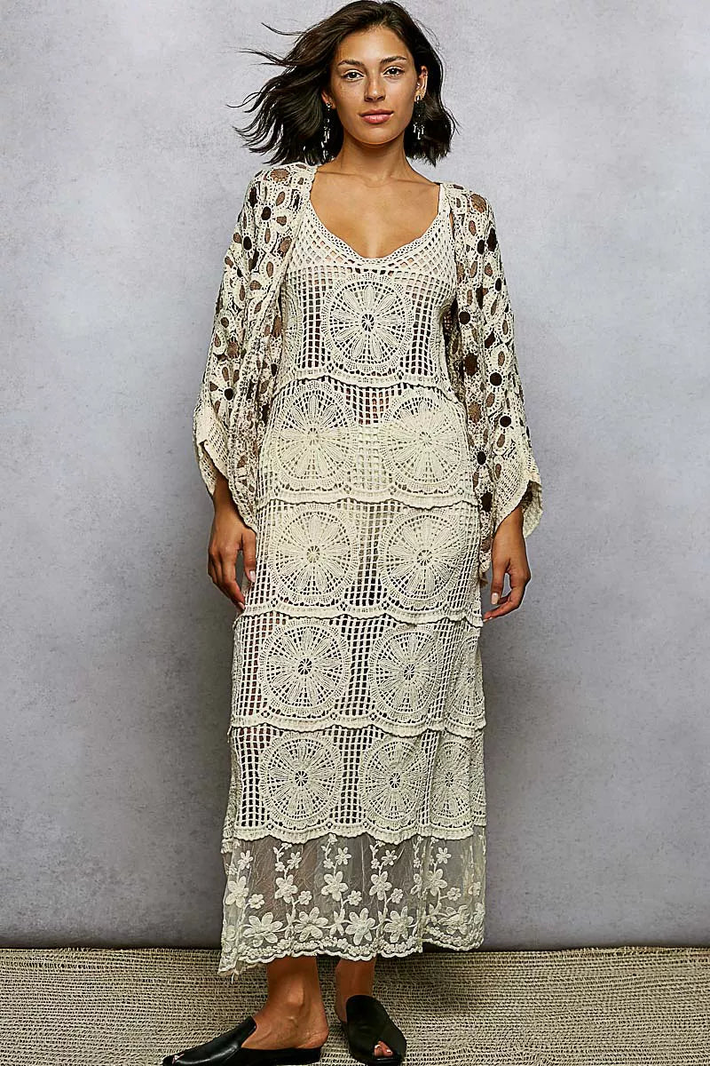 POL Open Front Floral Pattern Crochet Cardigan
