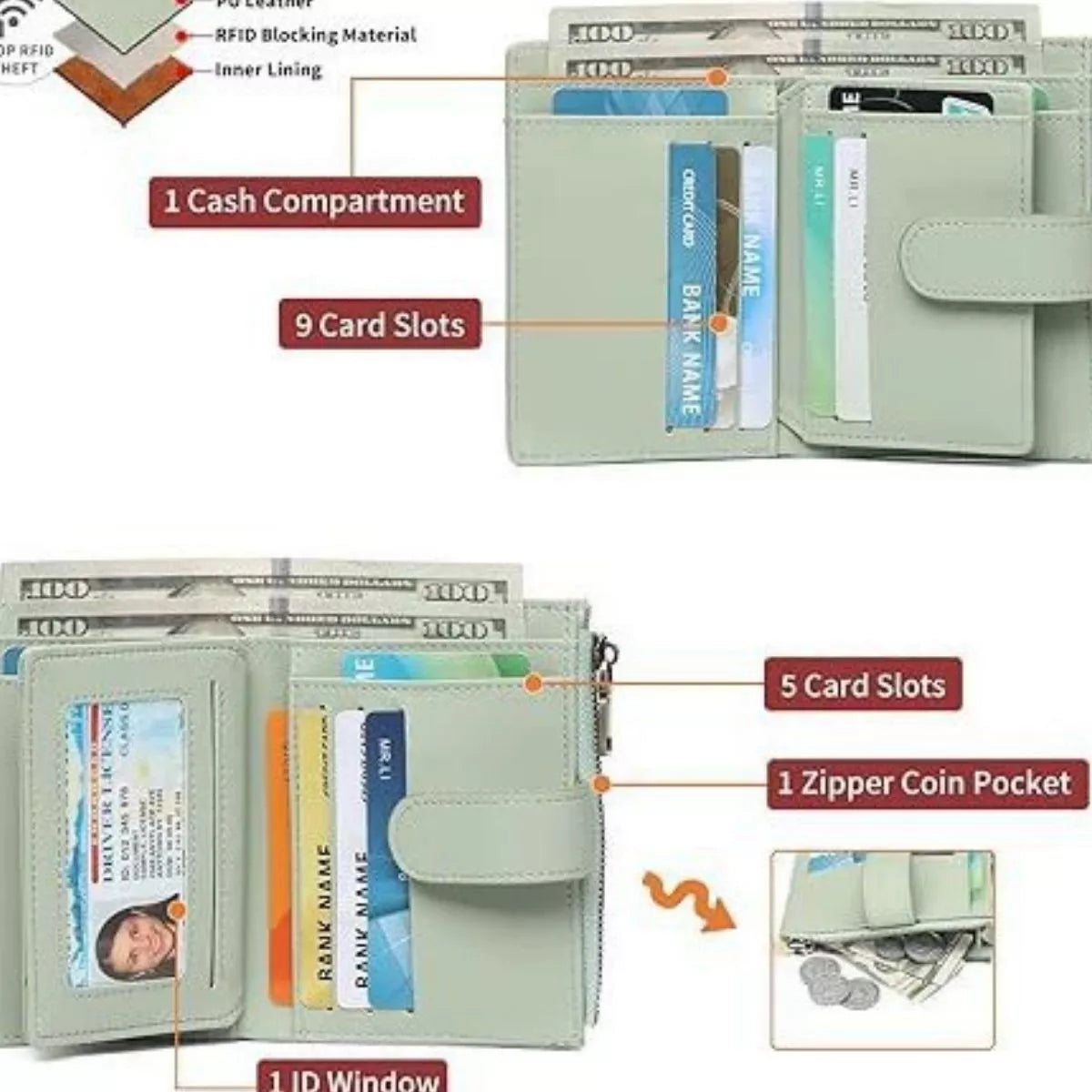 Leather Bifold Wallet with Zipper