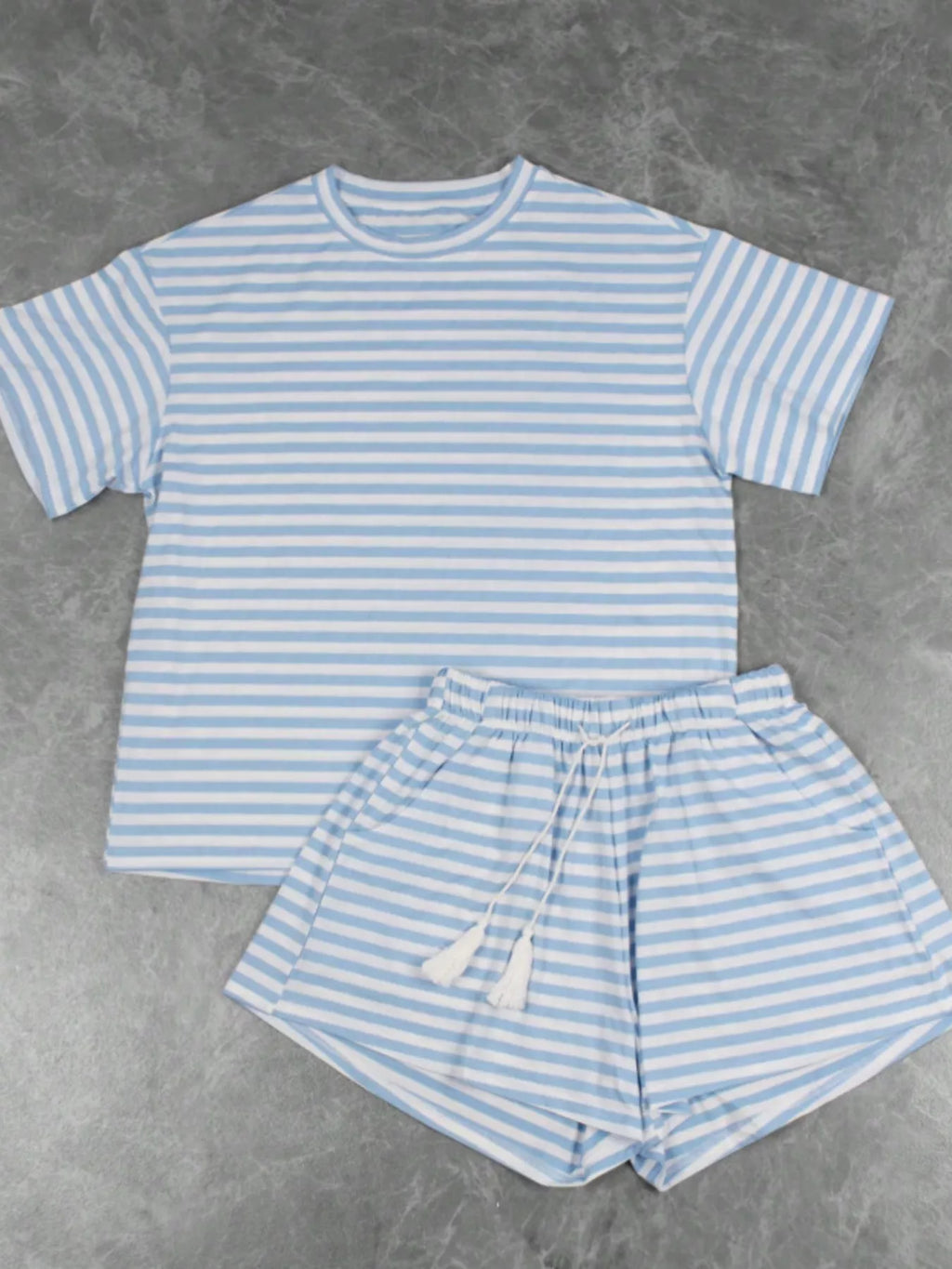 Striped Short Sleeve Tee and Drawstring Shorts Set