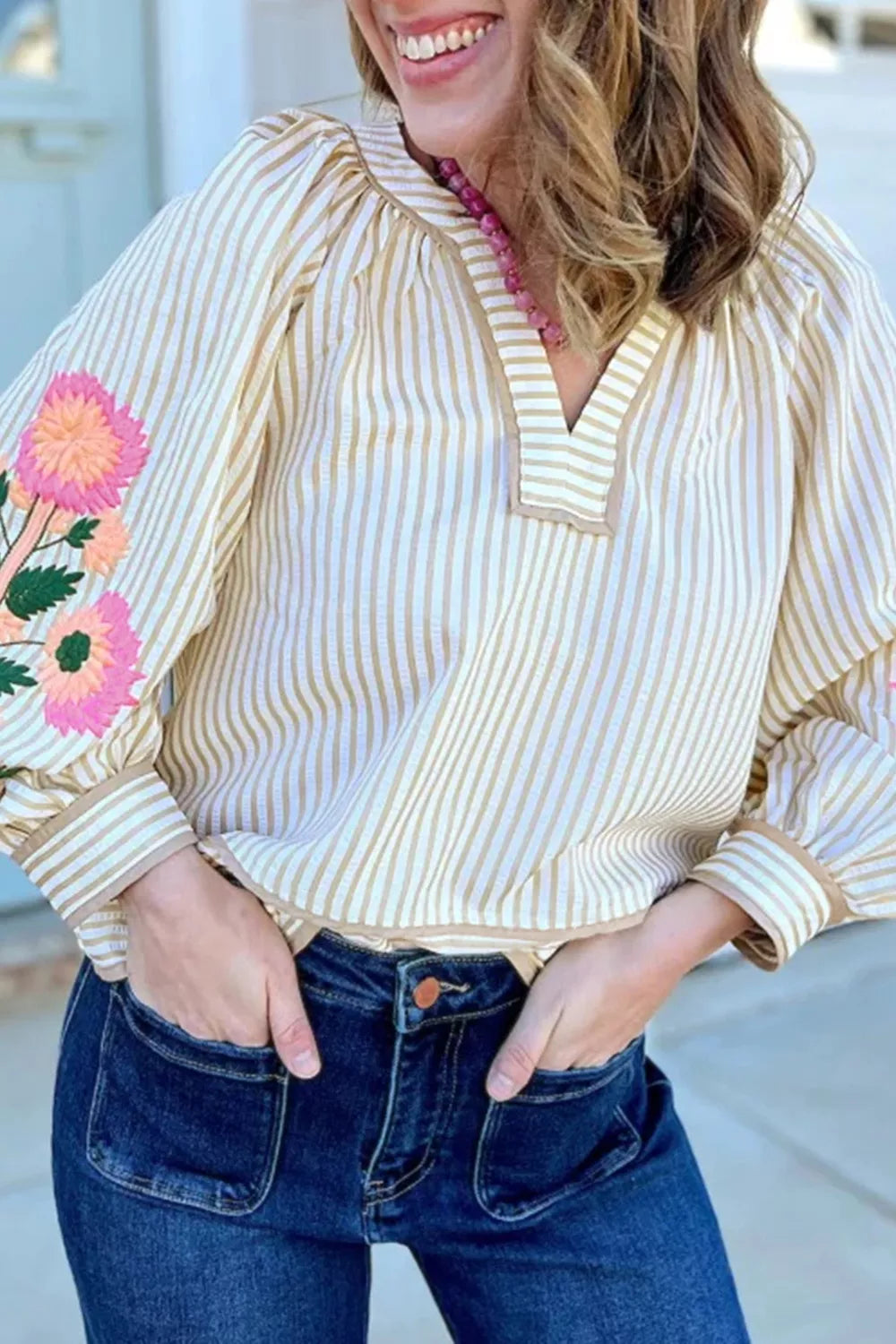 Stripe V Neck Floral Embroidered Long Sleeve Blouse