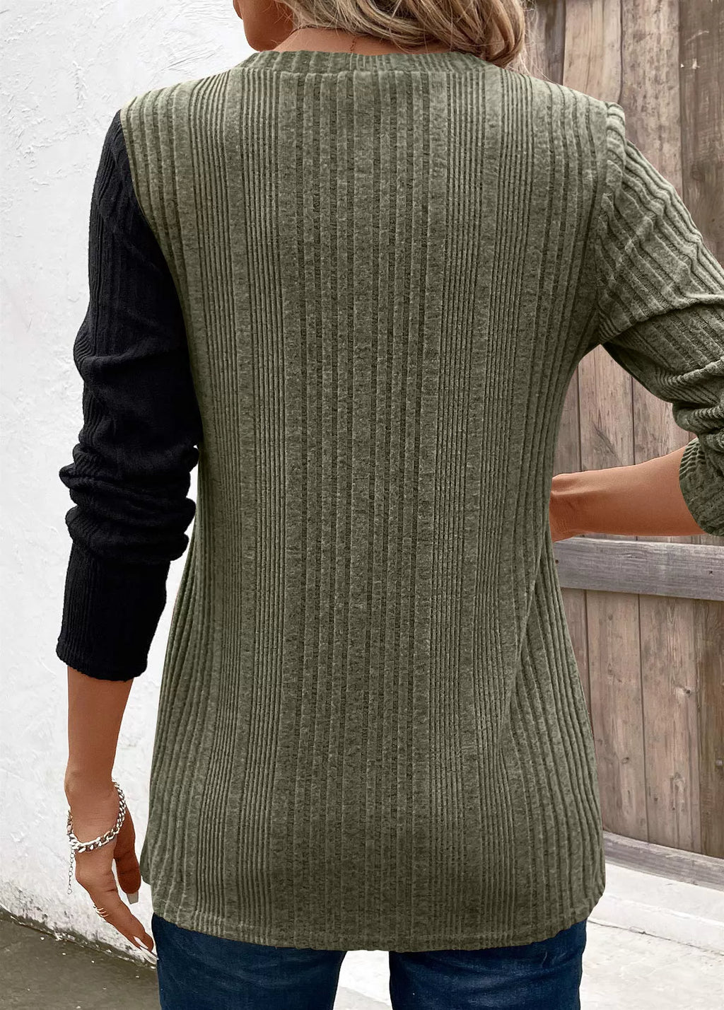Color Block Ribbed Knit Decor Button T-Shirt