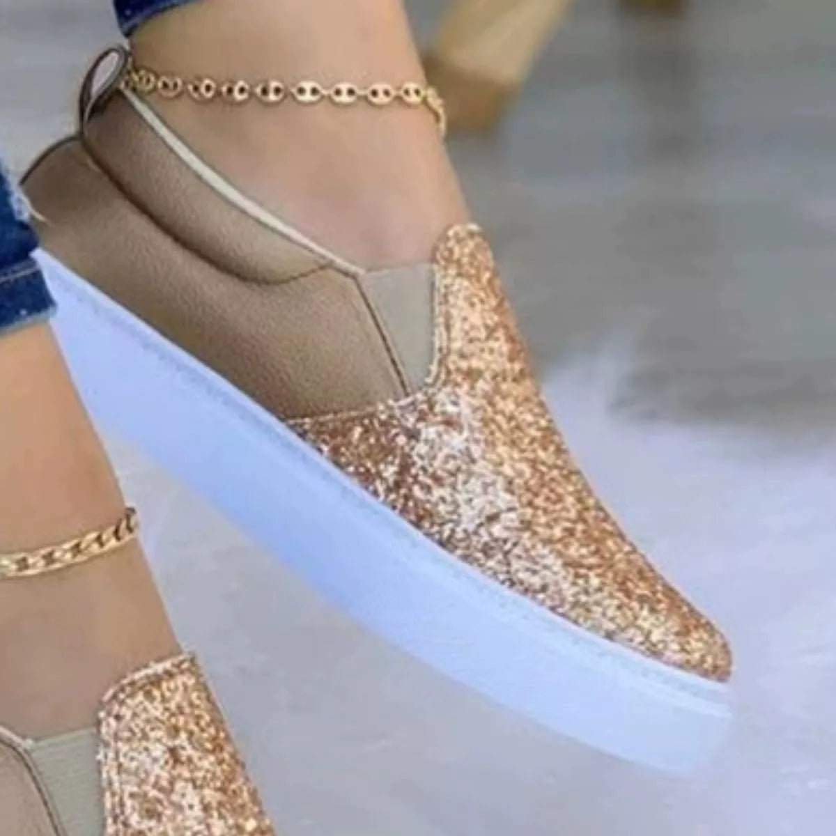 Sequin Round Toe Platform Slip-Ons
