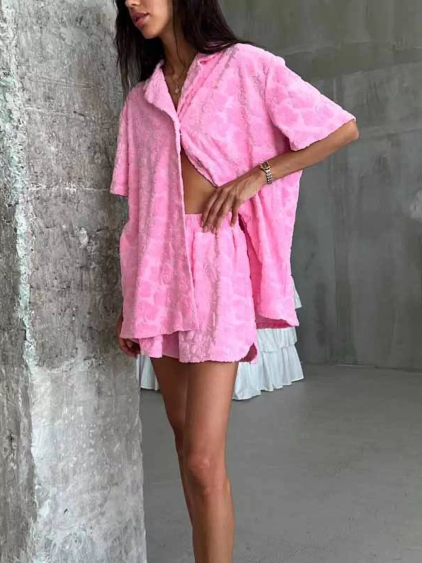 Floral Textured Button Up Shirt and Shorts Set