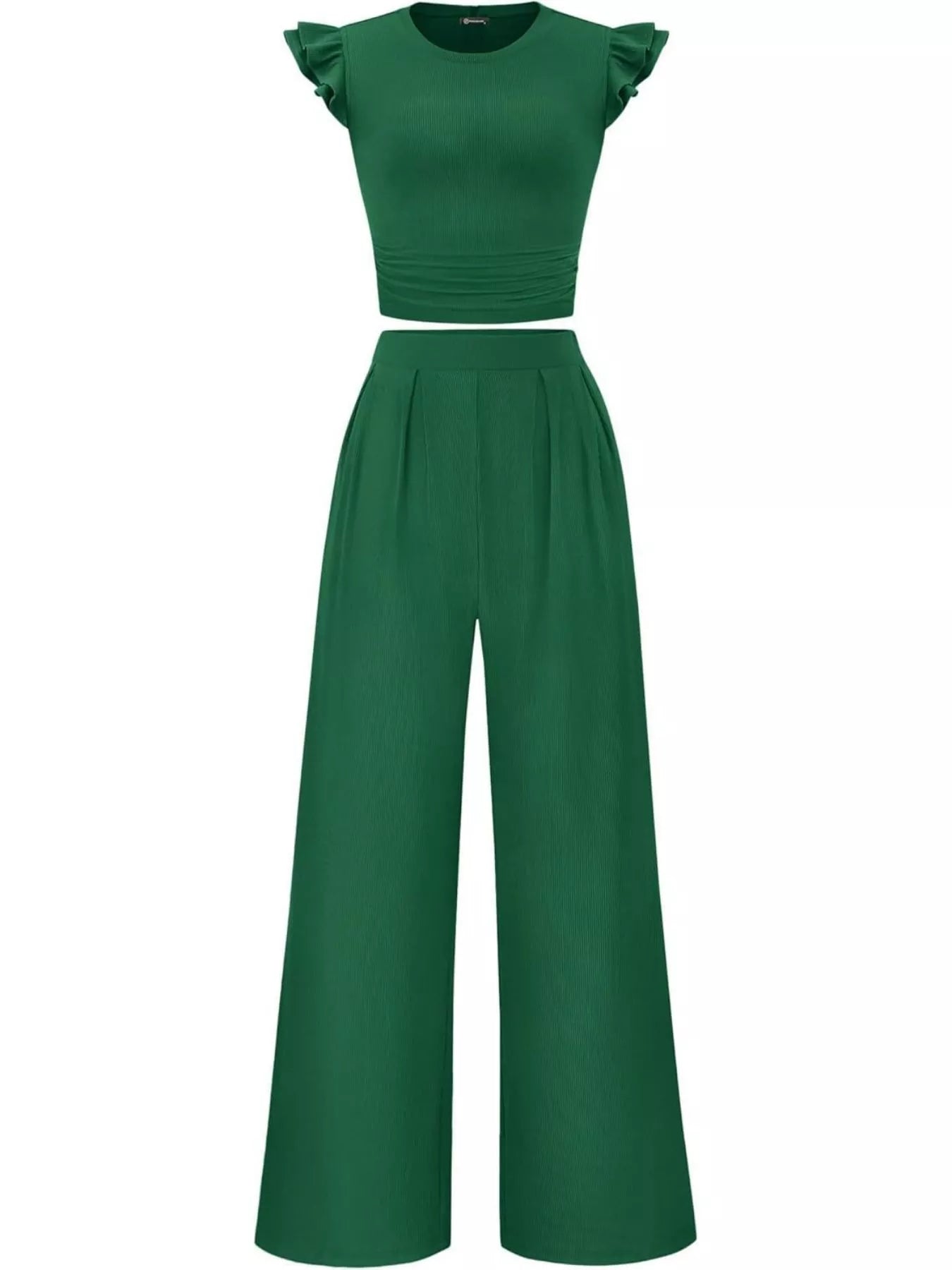 Ruffled Mock Neck Top and Wide Leg Pants Set