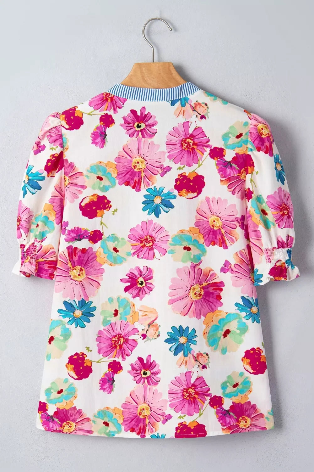Floral Print Short Puff Sleeve Striped Trim V Neck Blouse