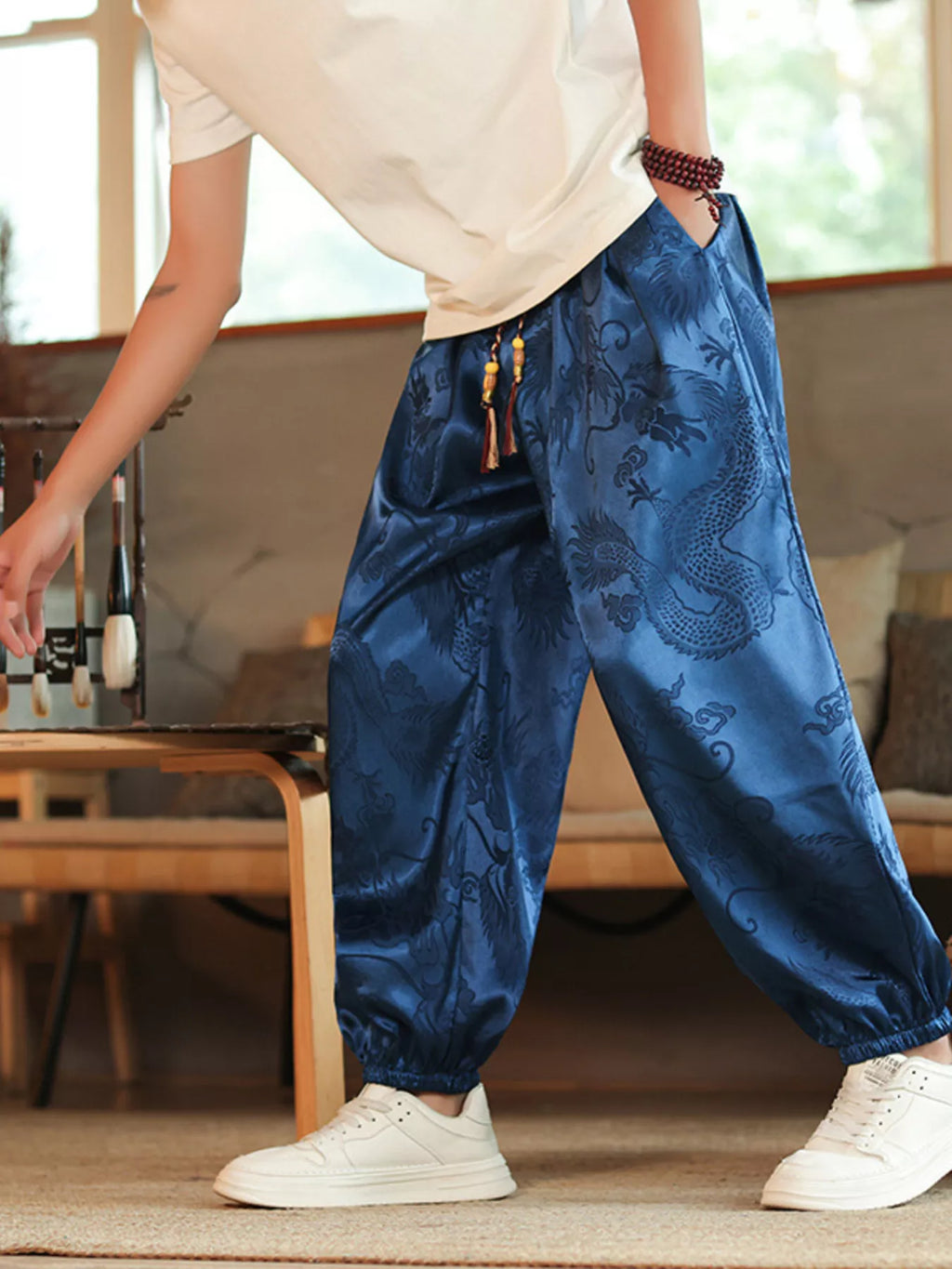 Men's Plus Size Dragon Pattern Silk Harem Pants