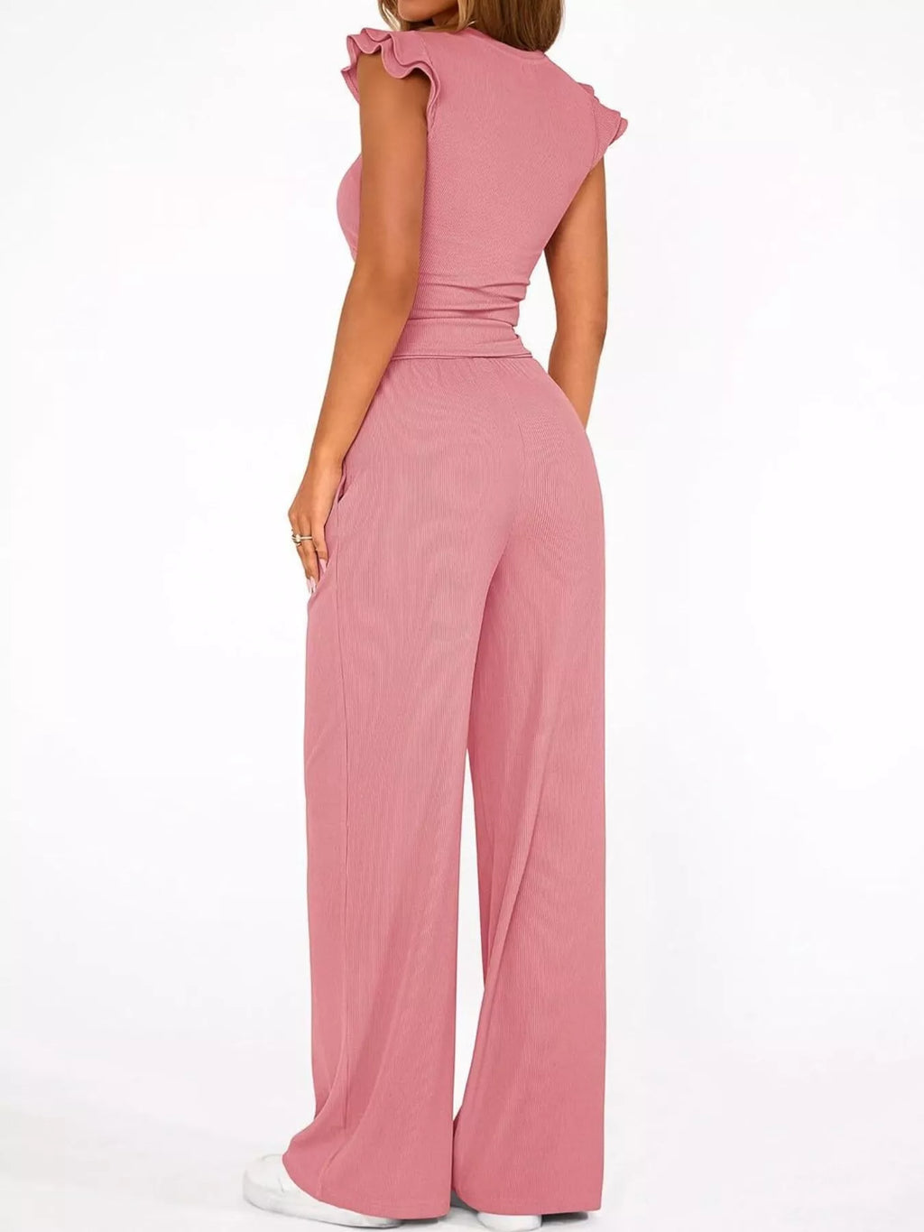 Ruffled Mock Neck Top and Wide Leg Pants Set