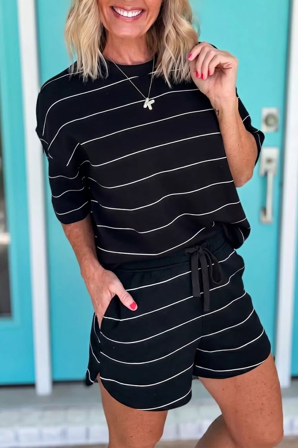 Striped Round Neck Top and Drawstring Shorts Set