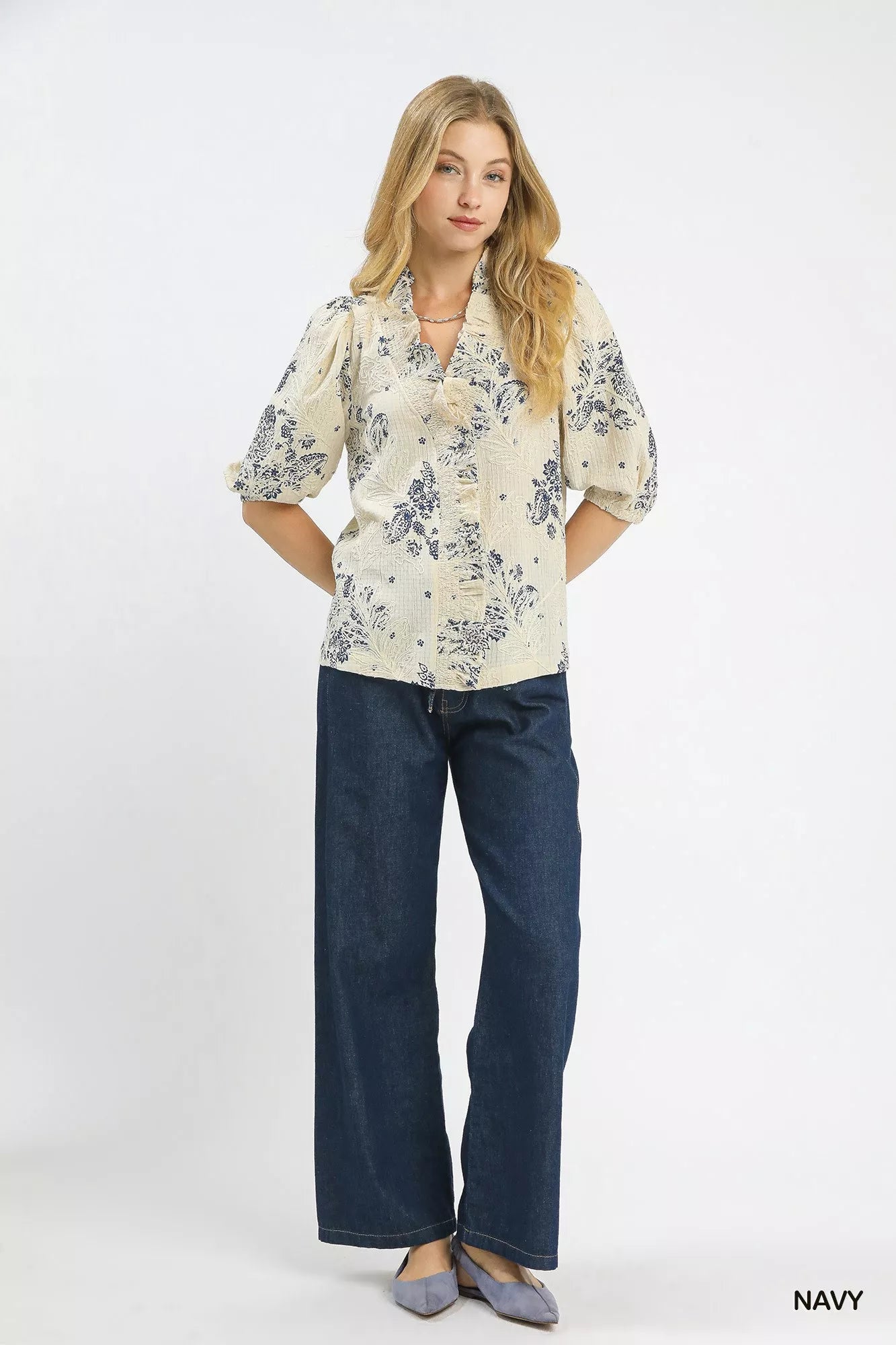 Umgee Floral Embroidered Blouse with Ruffle Trim