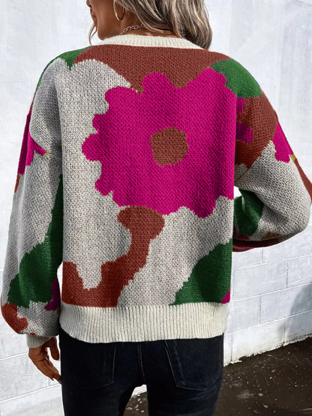 Floral Pattern Round Neck Sweater