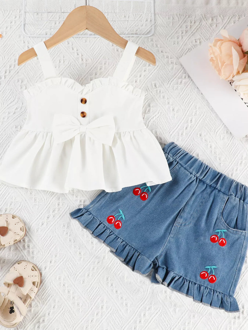Children's Ruffle Trim Top & Denim Shorts Set
