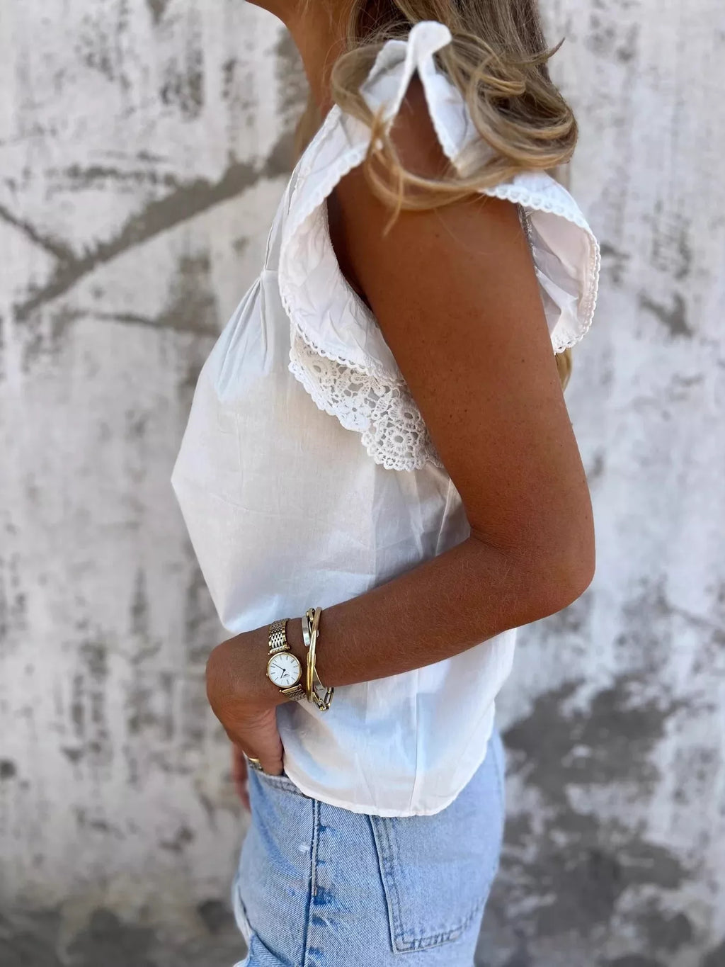 Lace Trimmed Cap Sleeve Blouse