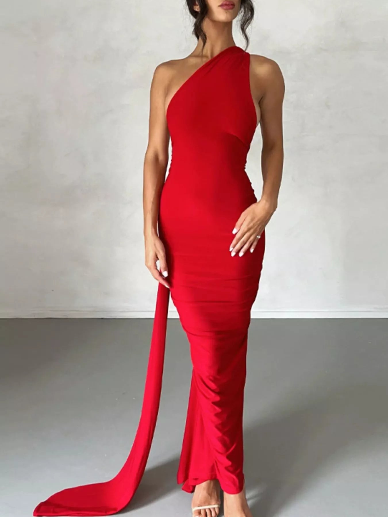 Backless One-Shoulder Ruched Bodycon Maxi Dress