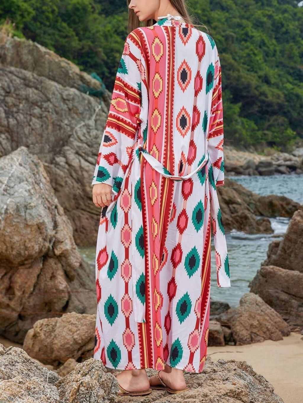 Boho Print Long Sleeve Beach Cover-Up