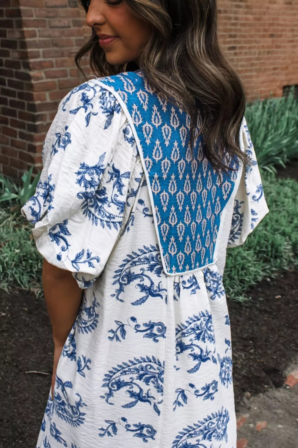 Floral Print Contrast Boho Patchwork V Neck Loose Midi Dress