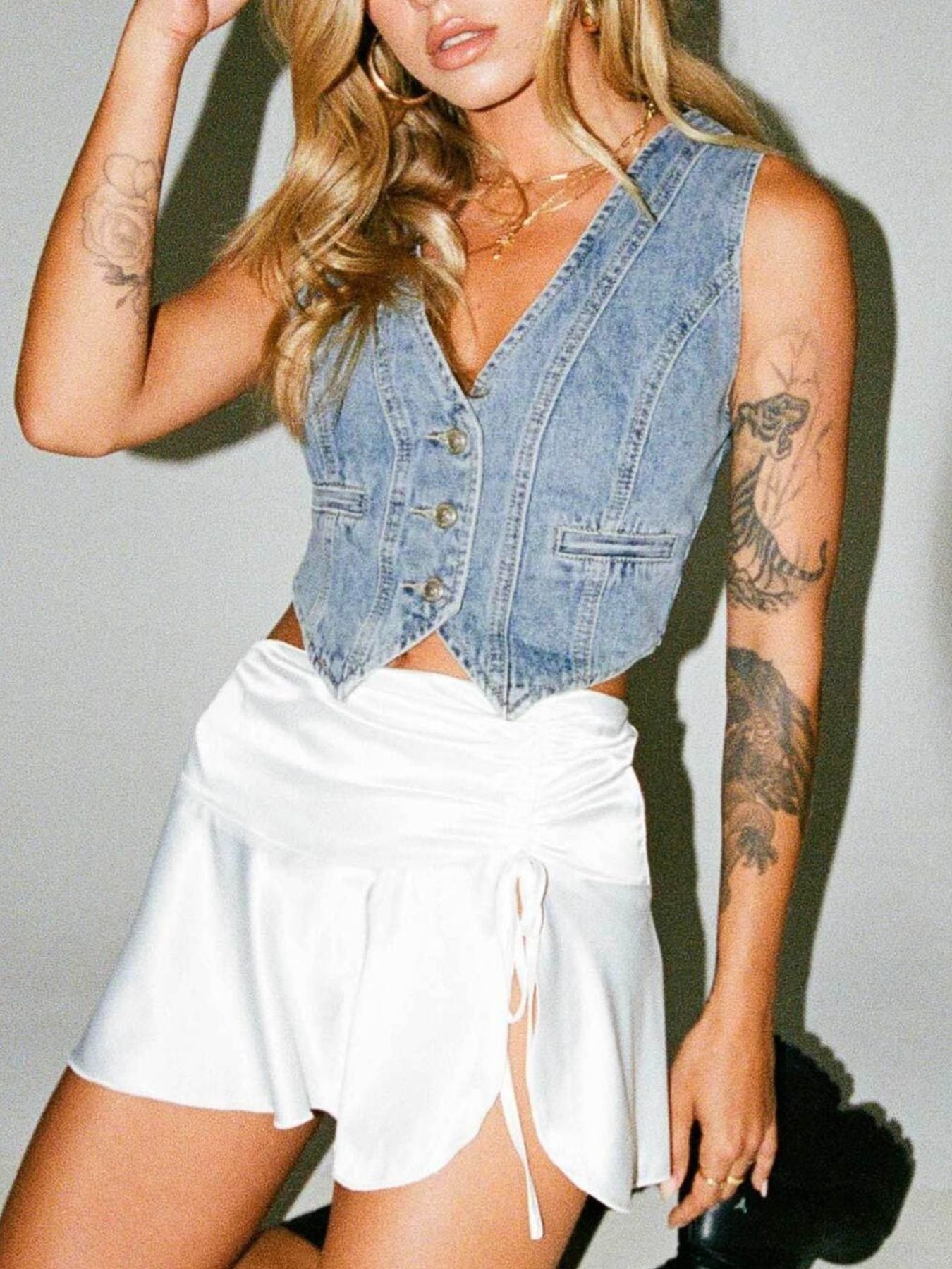 V-Neck Button Up Denim Vest