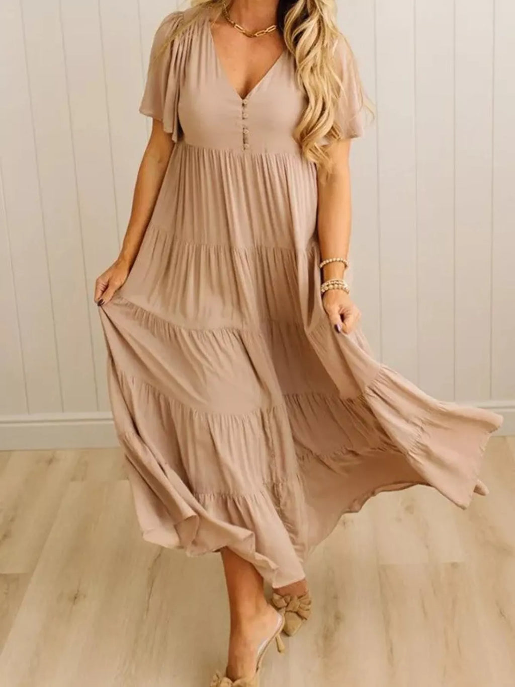 V-Neck Tiered Midi Dress