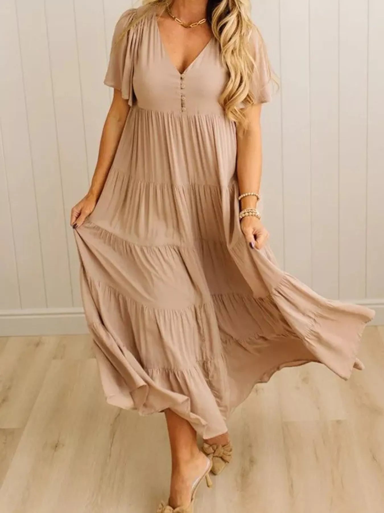 V-Neck Tiered Midi Dress