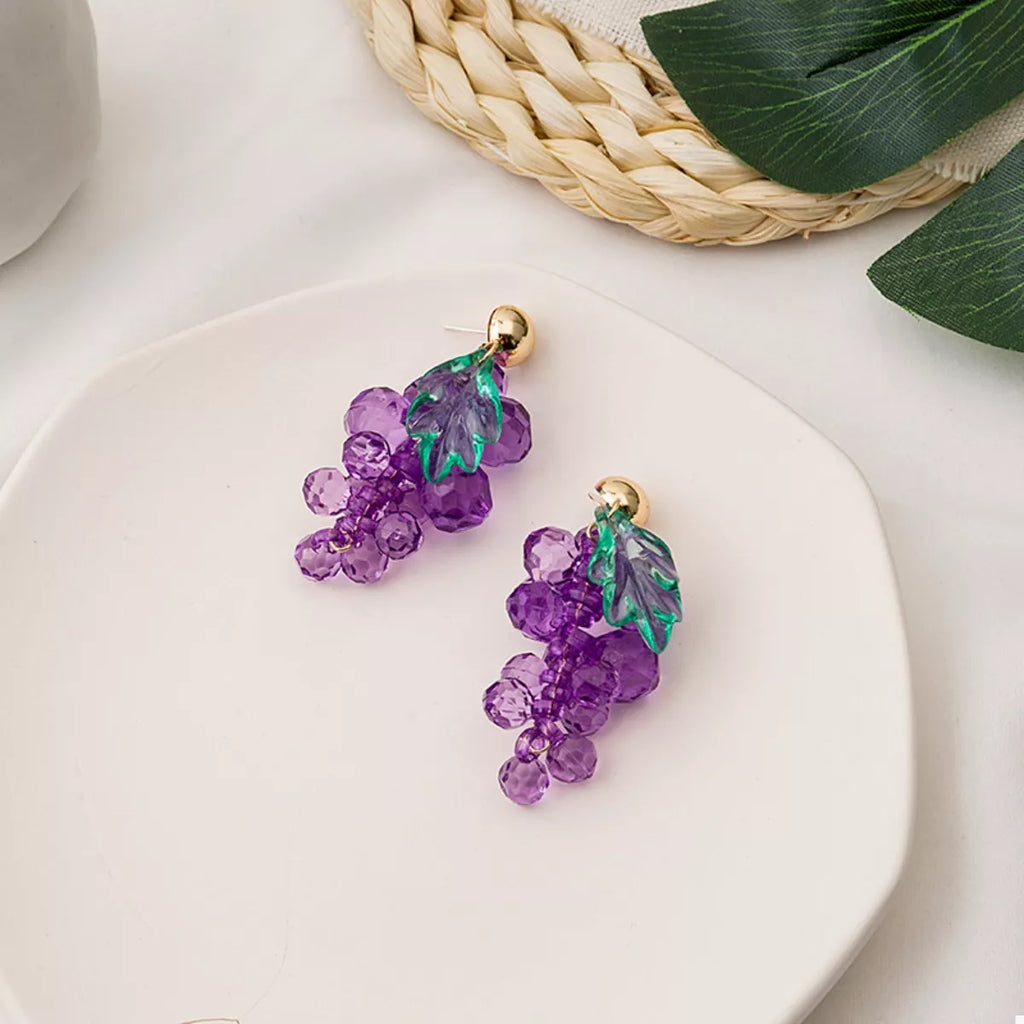 Grape Cluster Beaded Dangle Earrings