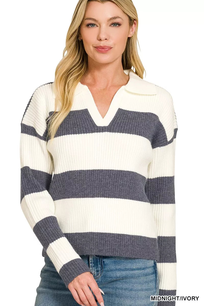 Zenana Striped Collared Sweater