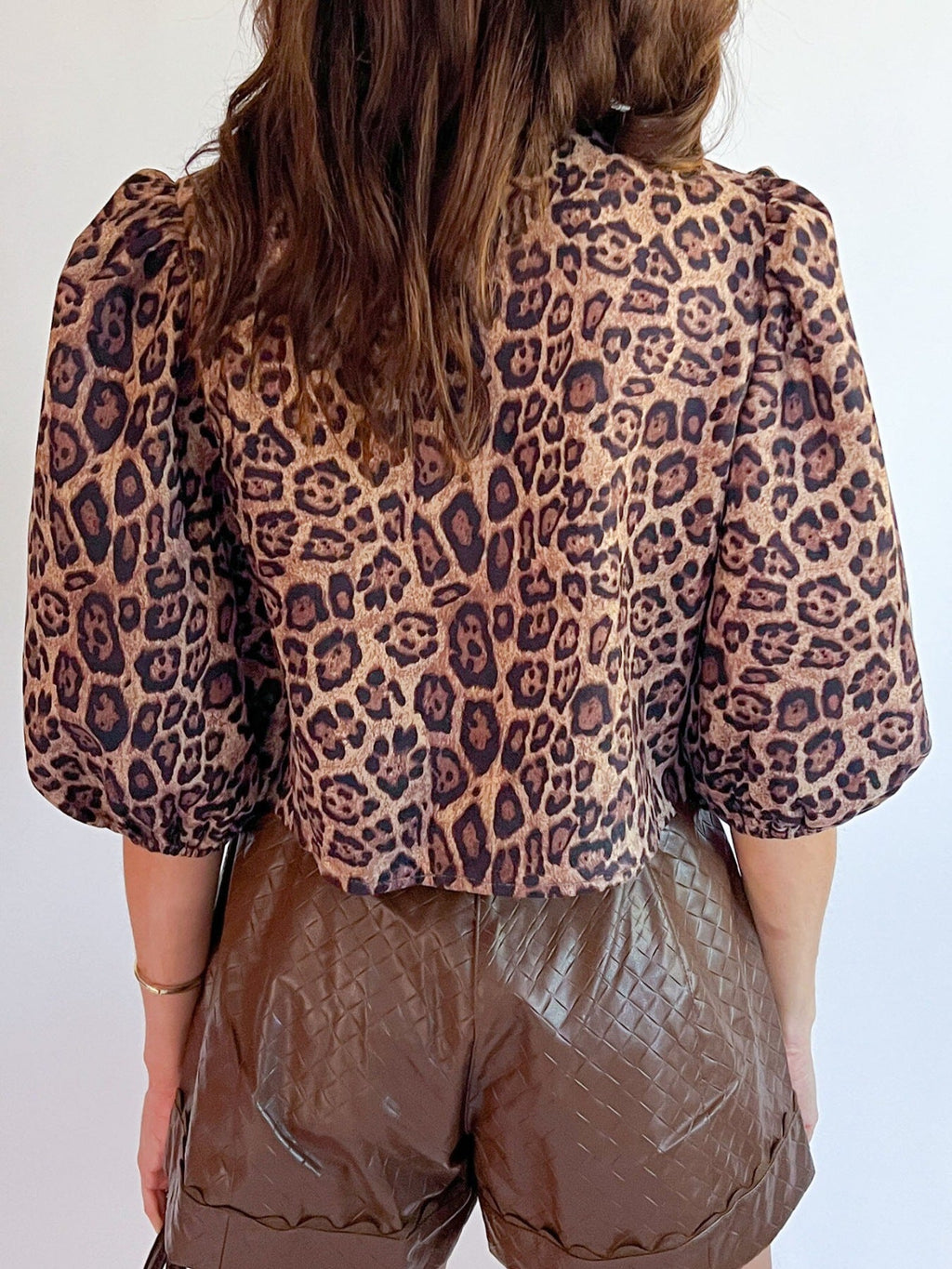 Leopard Bow Tie Puff Sleeve Blouse