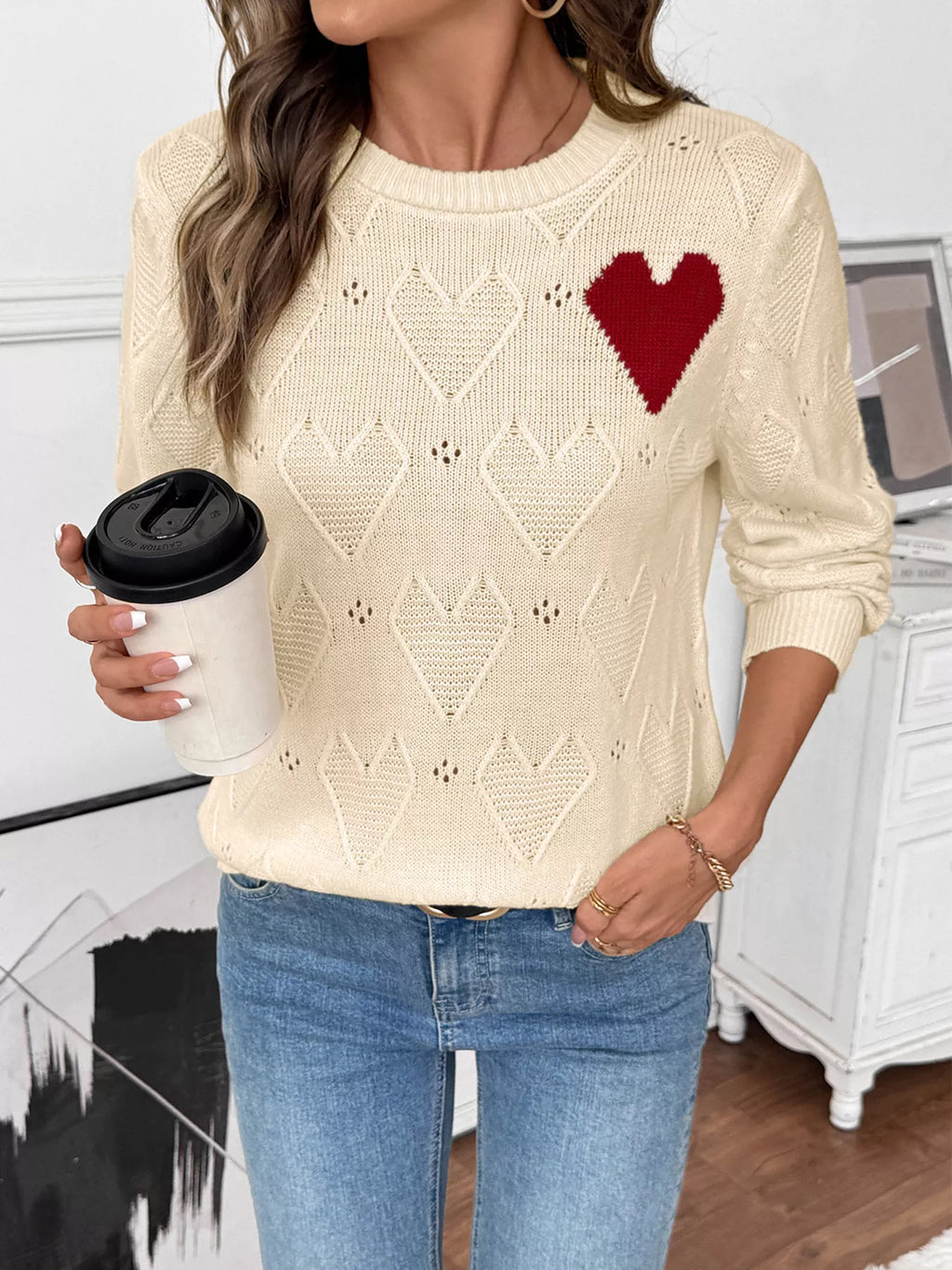 Openwork Heart Round Neck Sweater