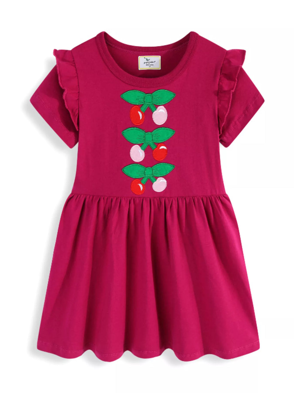 Children's Cherry Bowknot Applique Ruffle Sleeve Casual Dress