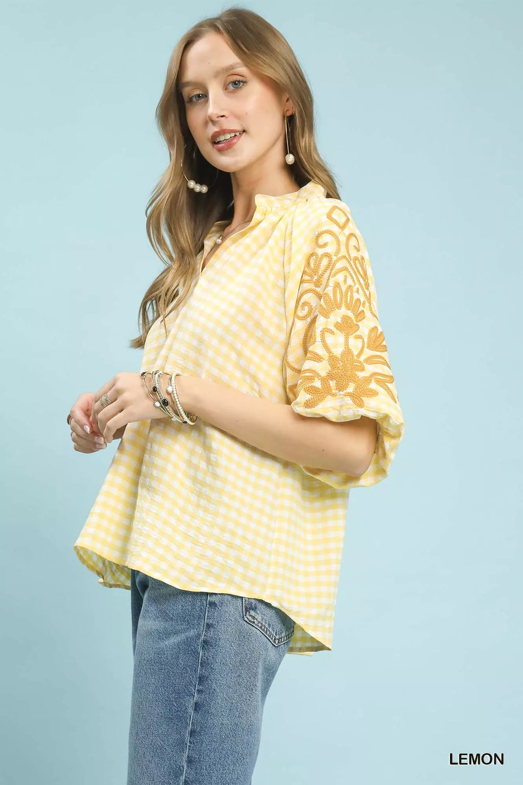 Umgee Gingham Embroidered Balloon Sleeve Top