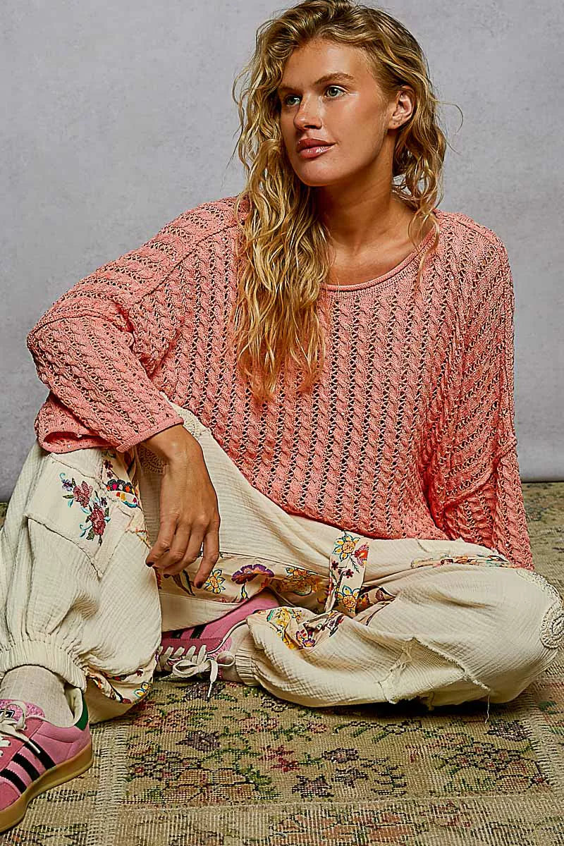 POL Cable-Knit Openwork Round Neck Cropped Sweater