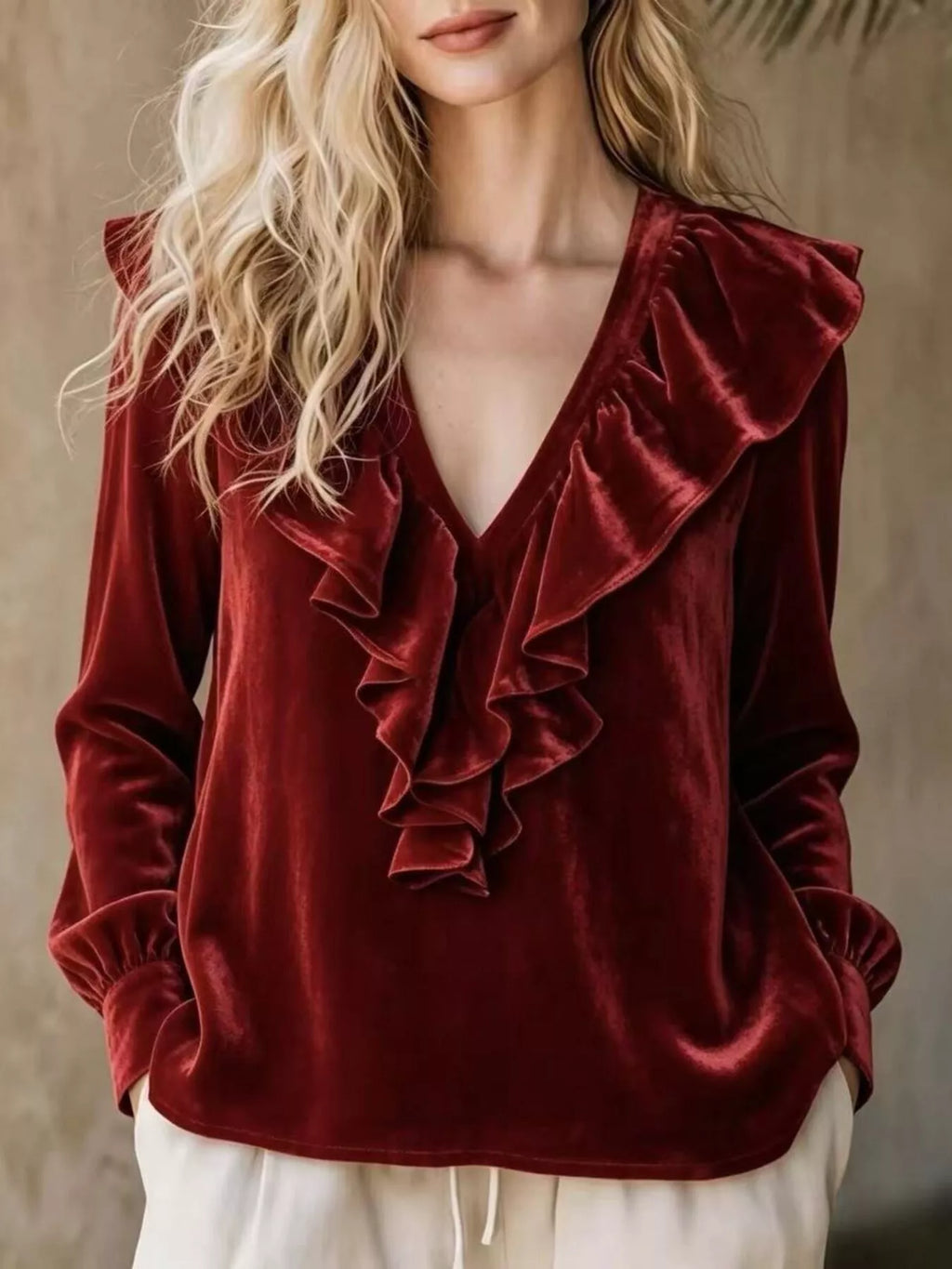 Full Size Ruffled V-Neck Long Sleeve Blouse Plus Size