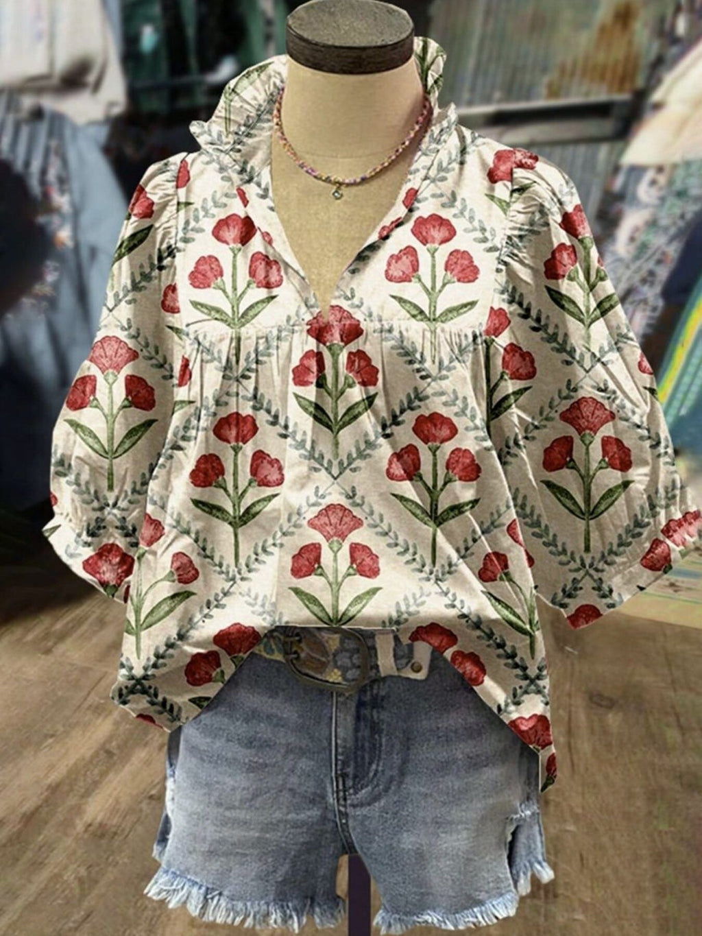 Floral Print Ruffle Collar Blouse