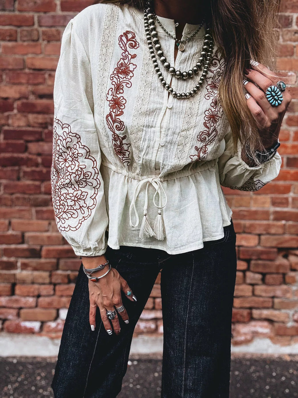 Embroidered Drawstring Waist Blouse