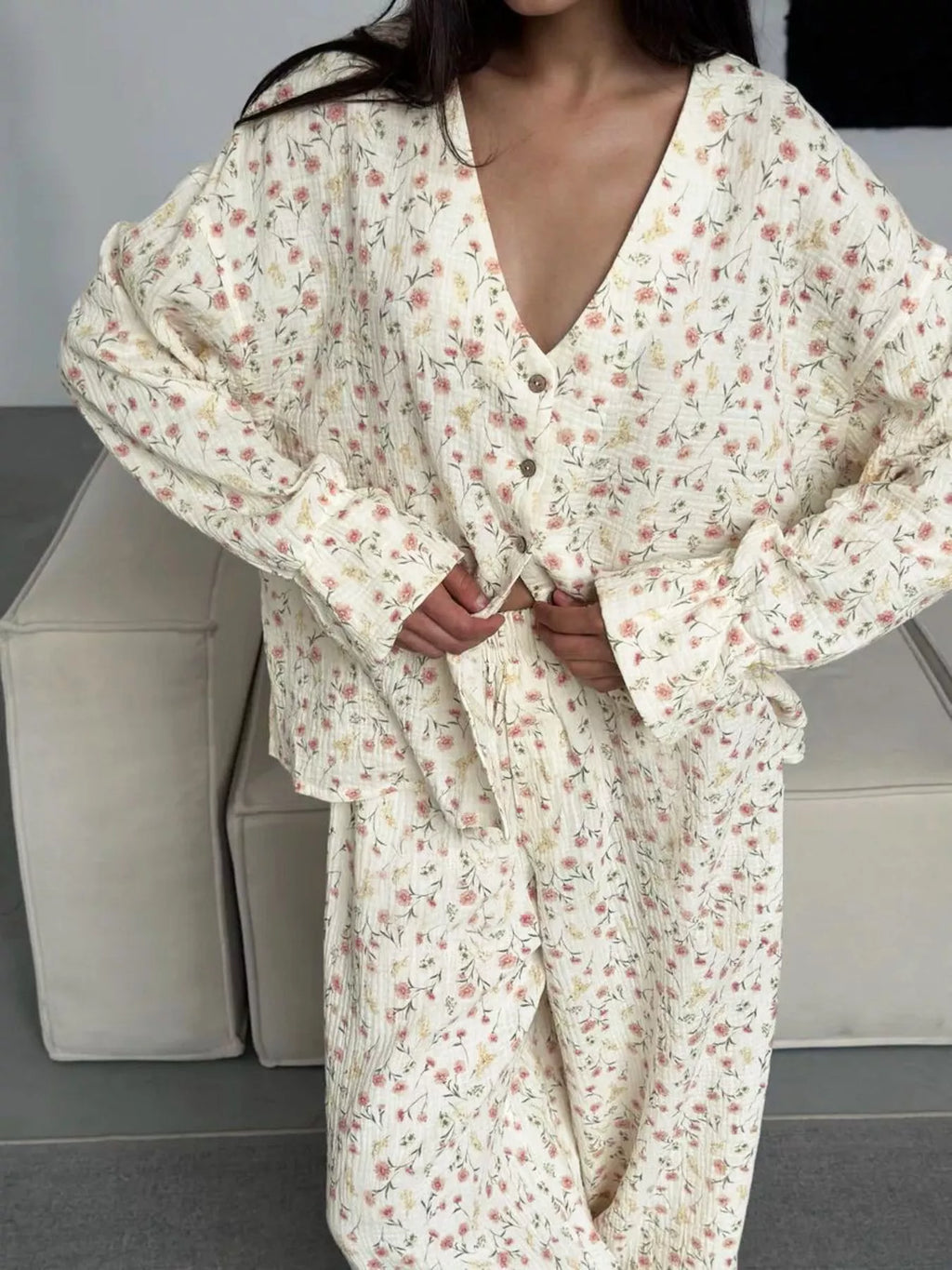 Floral Print Button-Down Top and Pants Lounge Set