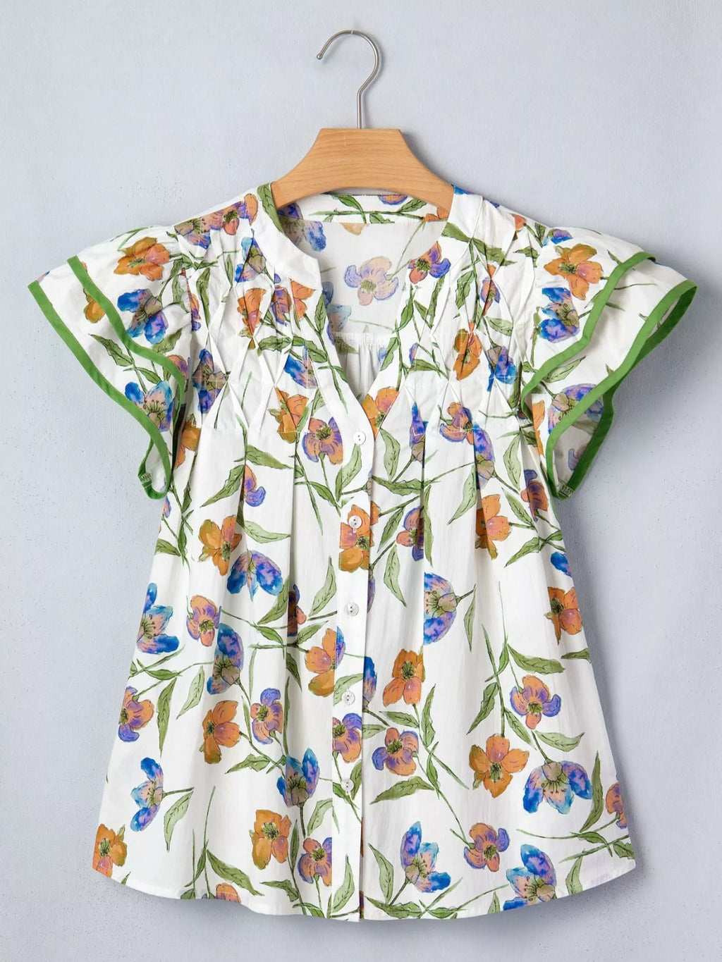 Floral Print Ruffle V-Neck Pressed Pleats Binding Tape Cotton Blouse