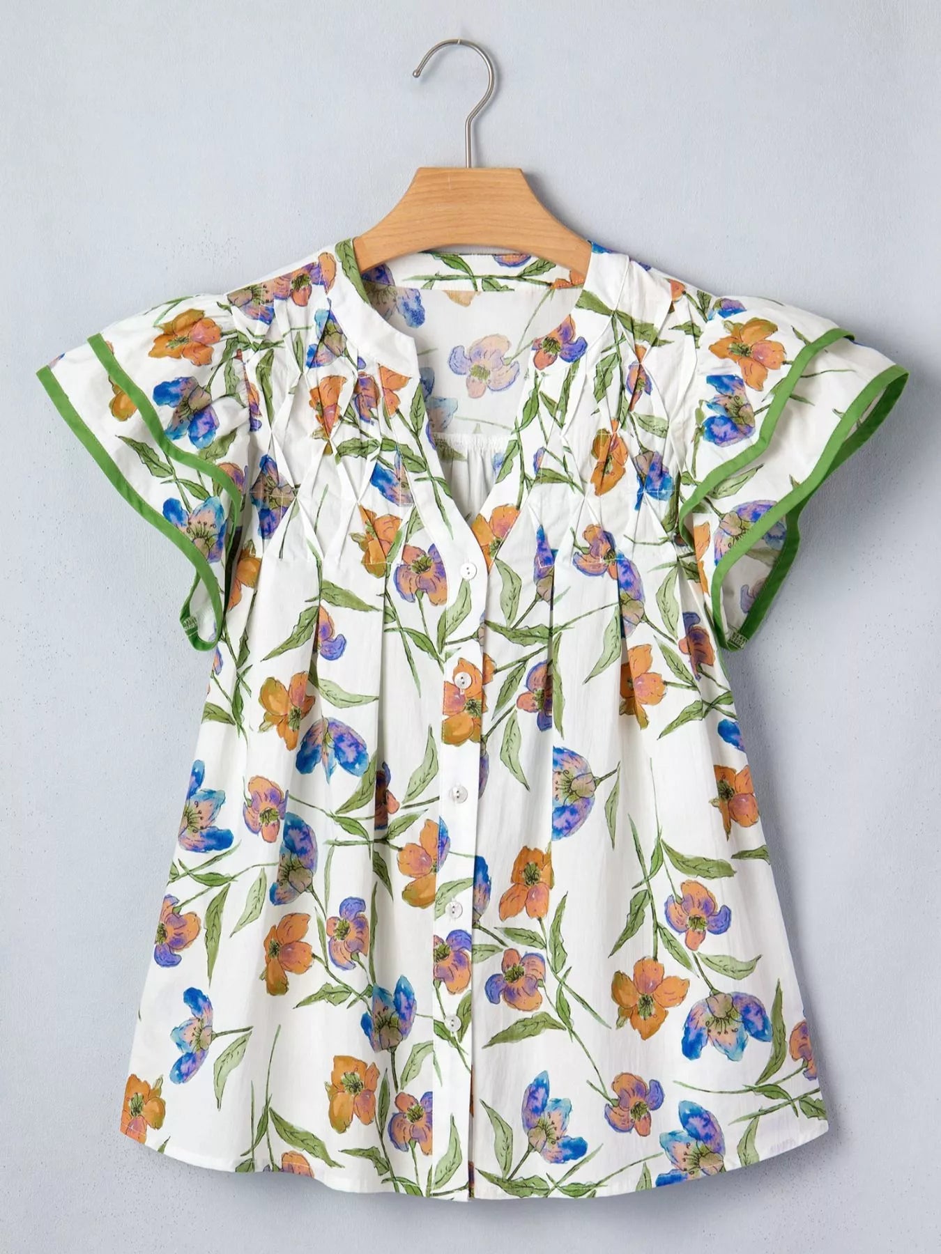 Floral Print Ruffle V-Neck Pressed Pleats Binding Tape Cotton Blouse