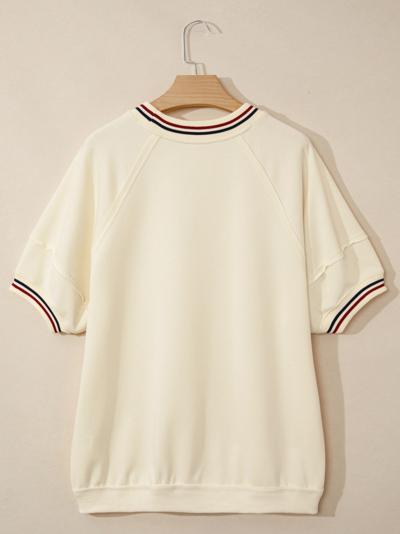 Contrast Varsity Striped Neckline Cuffed Short Sleeve Loose Tunic Top