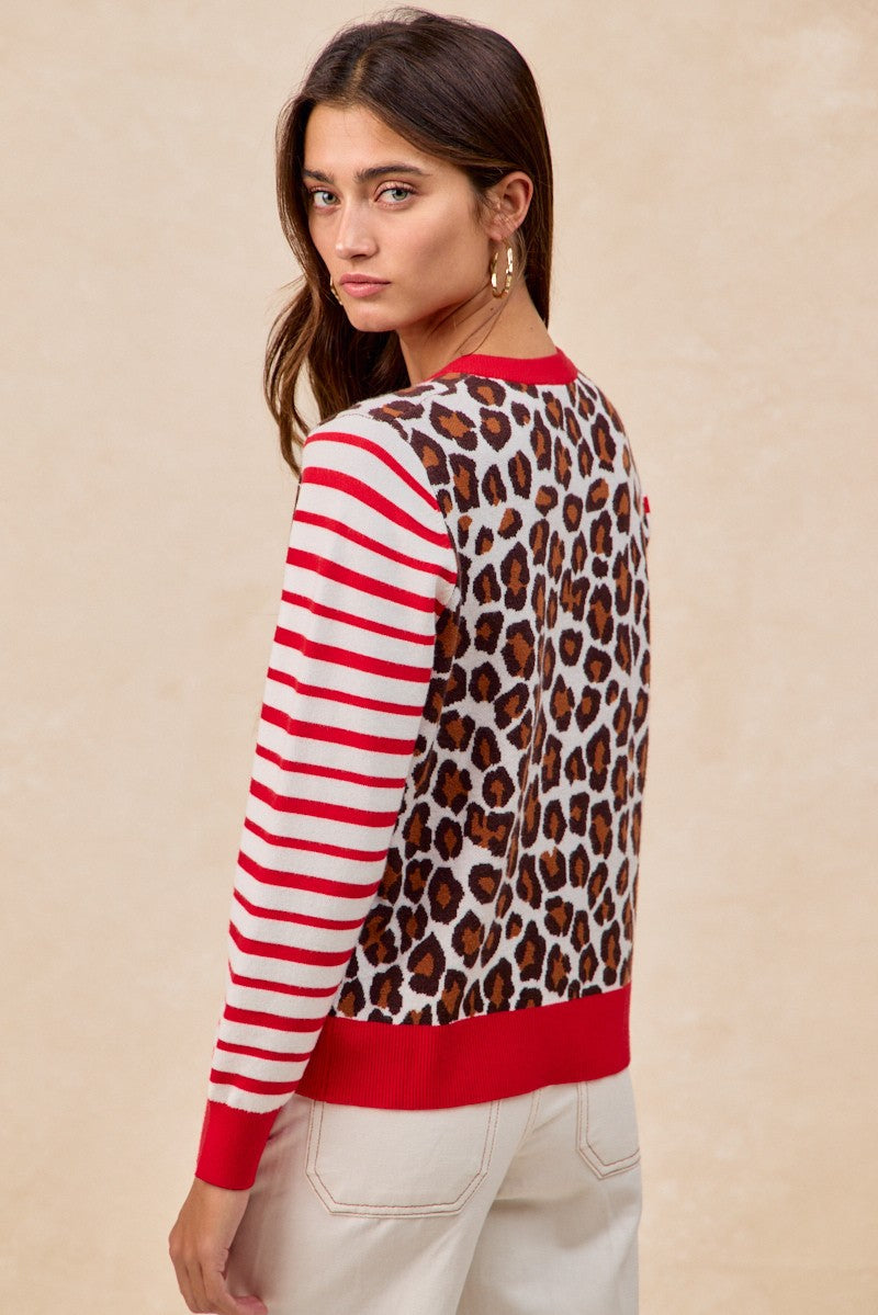 BiBi Leopard With Stripe Combo Buttoned Cardigan