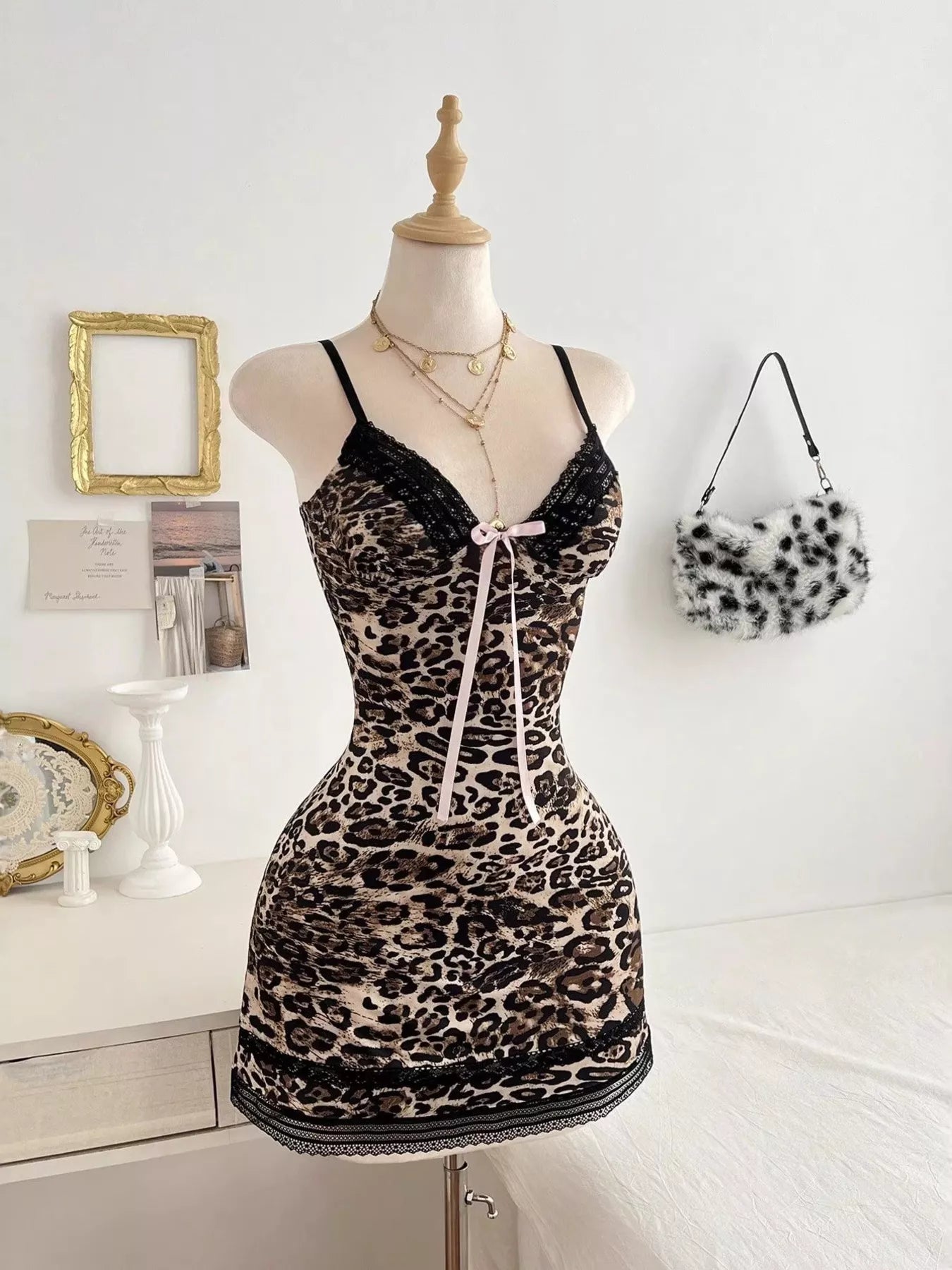 Leopard Print Lace Trim Mini Dress