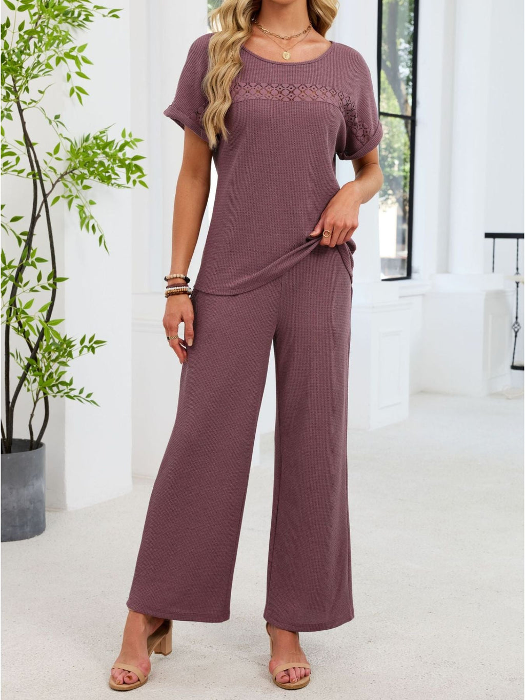 Lace Detail Short Sleeve Top and Pants Set