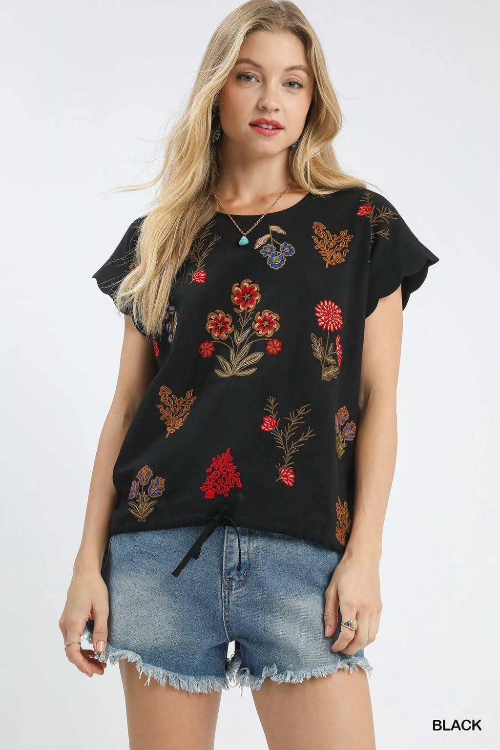 Umgee Embroidered Scallop Sleeve Top with Drawstring Hem