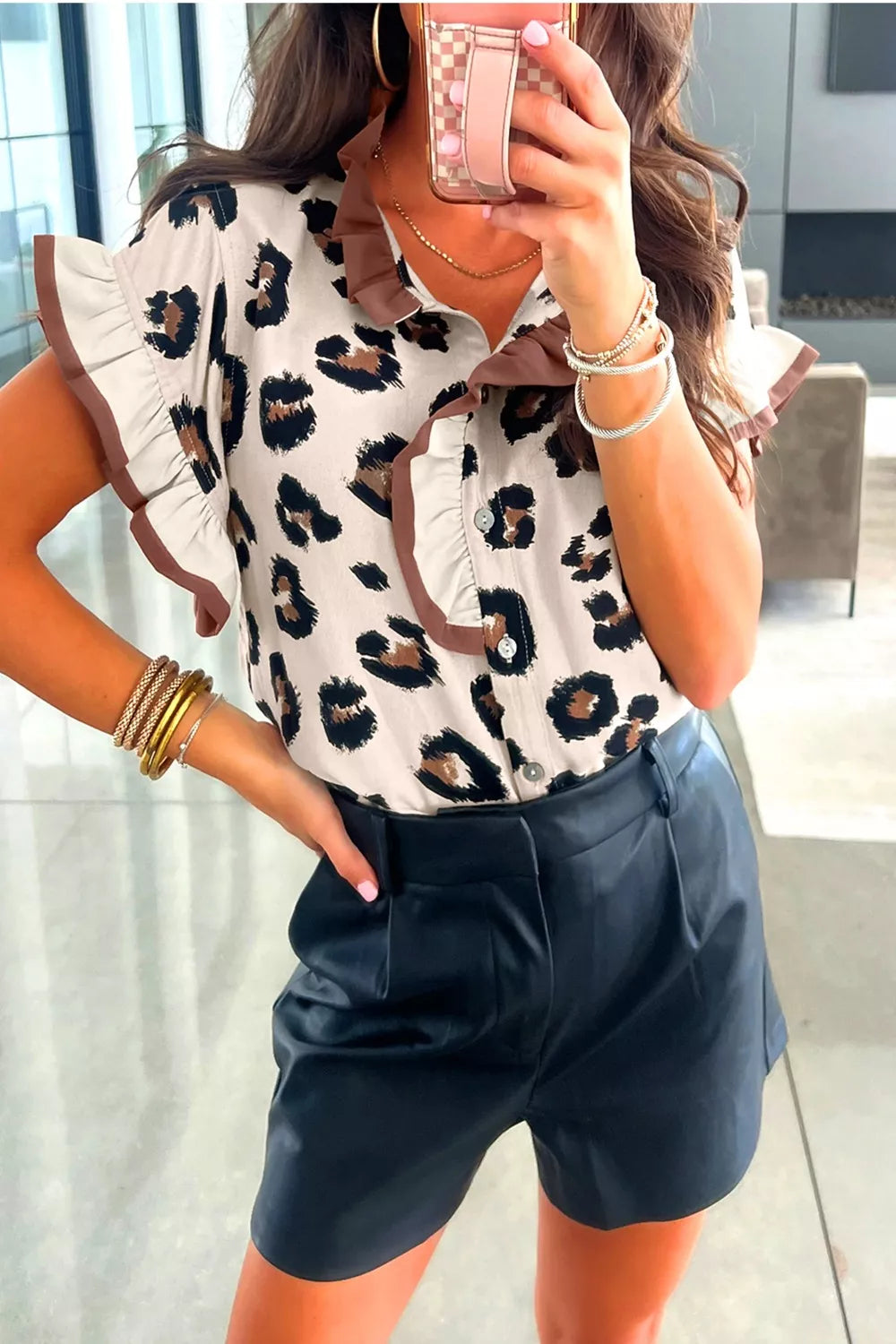Leopard Printed Ruffle Sleeve Summer Blouse
