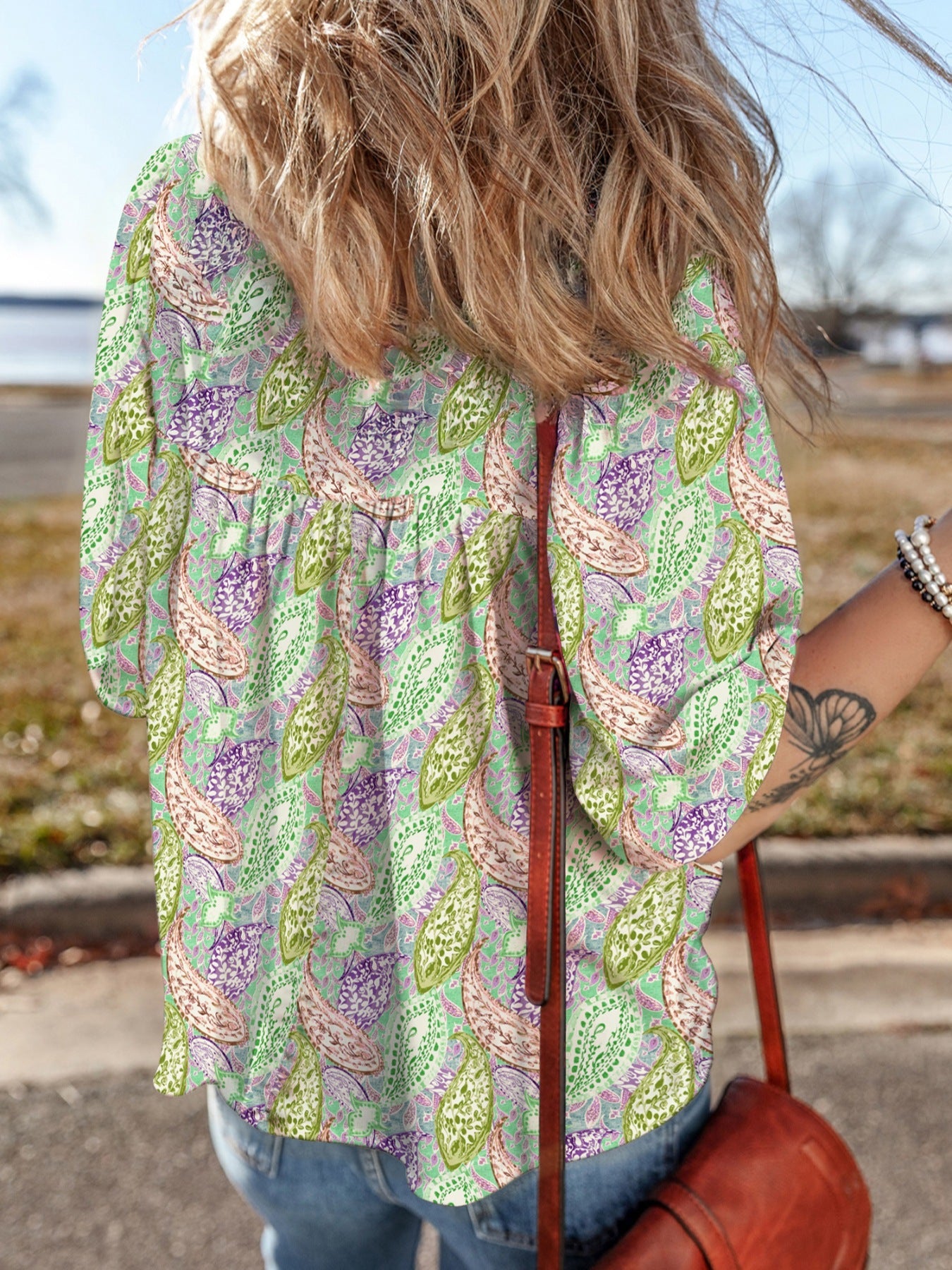 Paisley Print Half Puff Sleeve Blouse