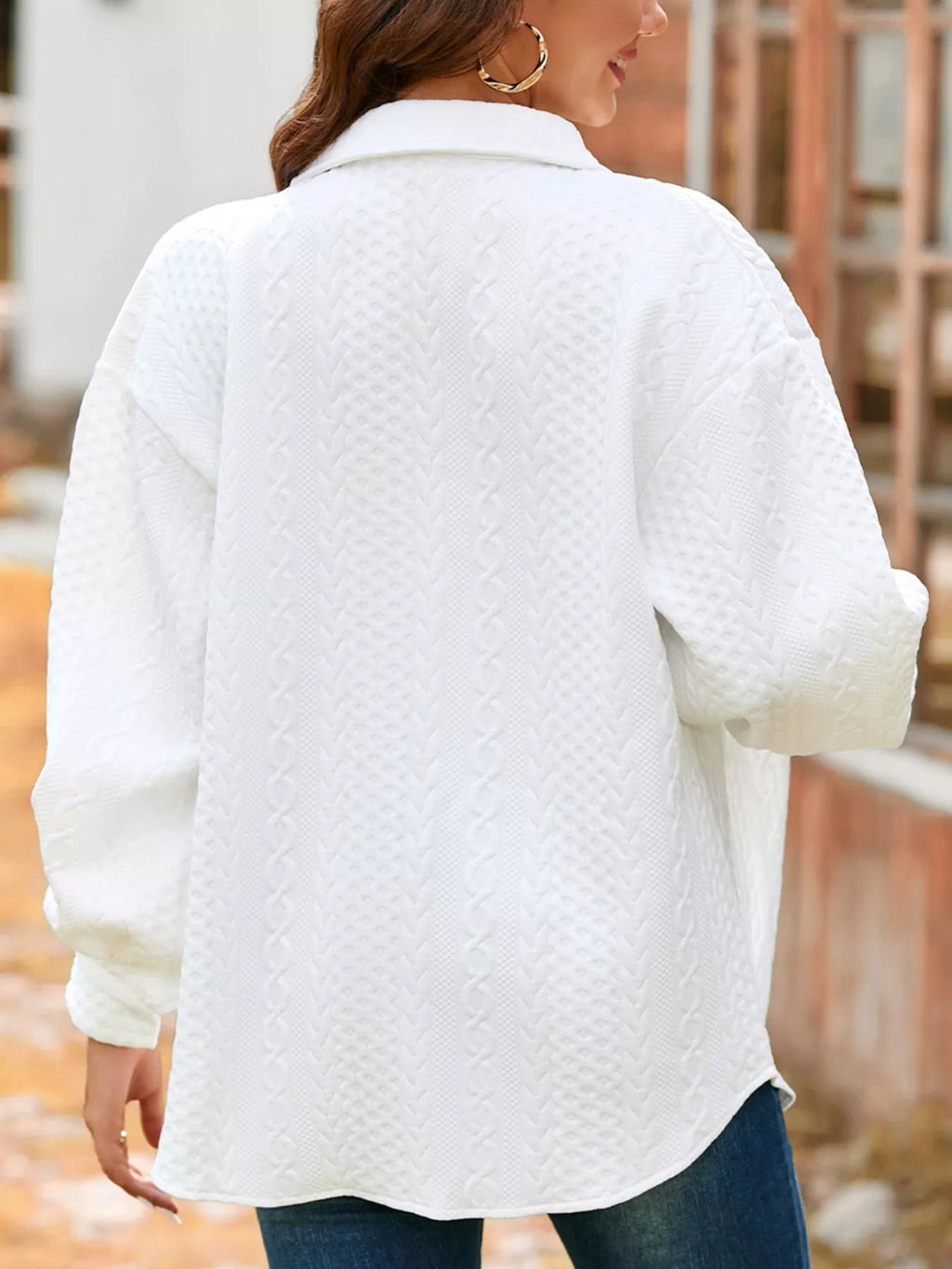 Cable Texture Puff Sleeve Loose Shacket