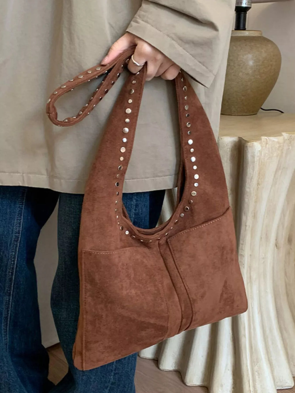 Studded Suede Shoulder Bag